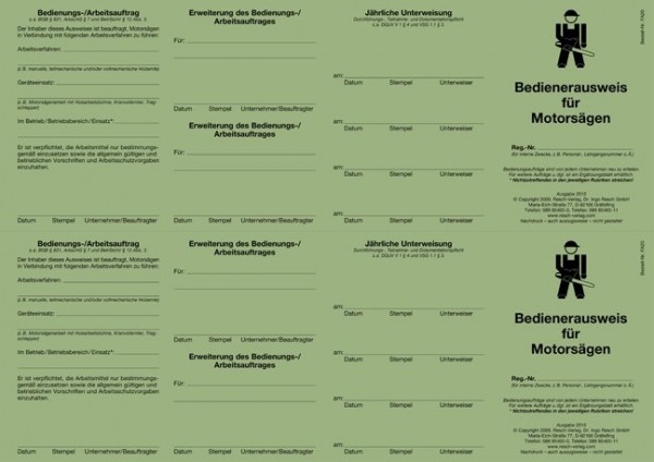 Bedienerausweis Motorsägenführer für den PC 50 Ausweise (=25 Blatt)