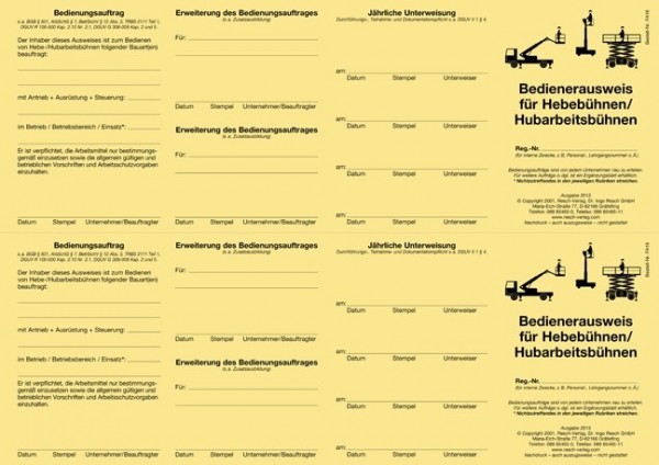 Bedienerausweis Hebebühnen / Hubarbeitsbühnen für den PC 50 Ausweise (=25 Blatt)