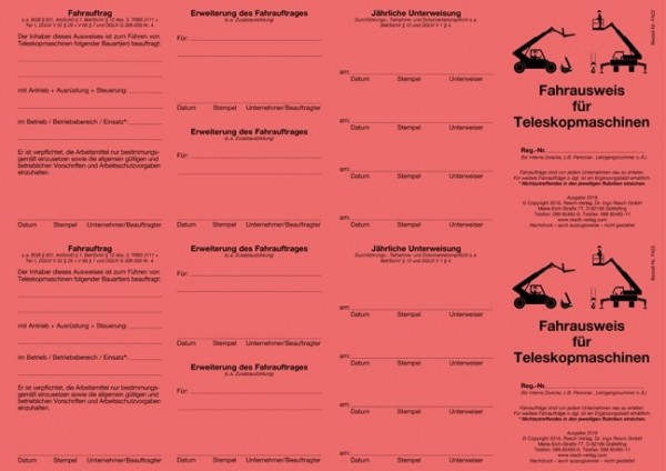 Fahrausweis für Teleskopmaschinen für den PC 50 Ausweise (= 25 Blatt)