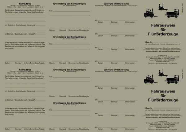 Fahrausweis Flurförderzeuge für den PC 50 Ausweise (= 25 Blatt)