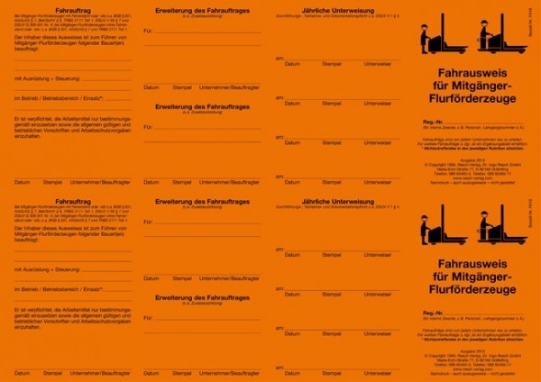 Fahrausweis Geh-/Mitgänger-Flurförderzeuge für den PC 50 Ausweise (=25 Blatt)