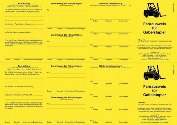 Fahrausweis für Gabelstapler für den PC 50 Ausweise (=25 Blatt)